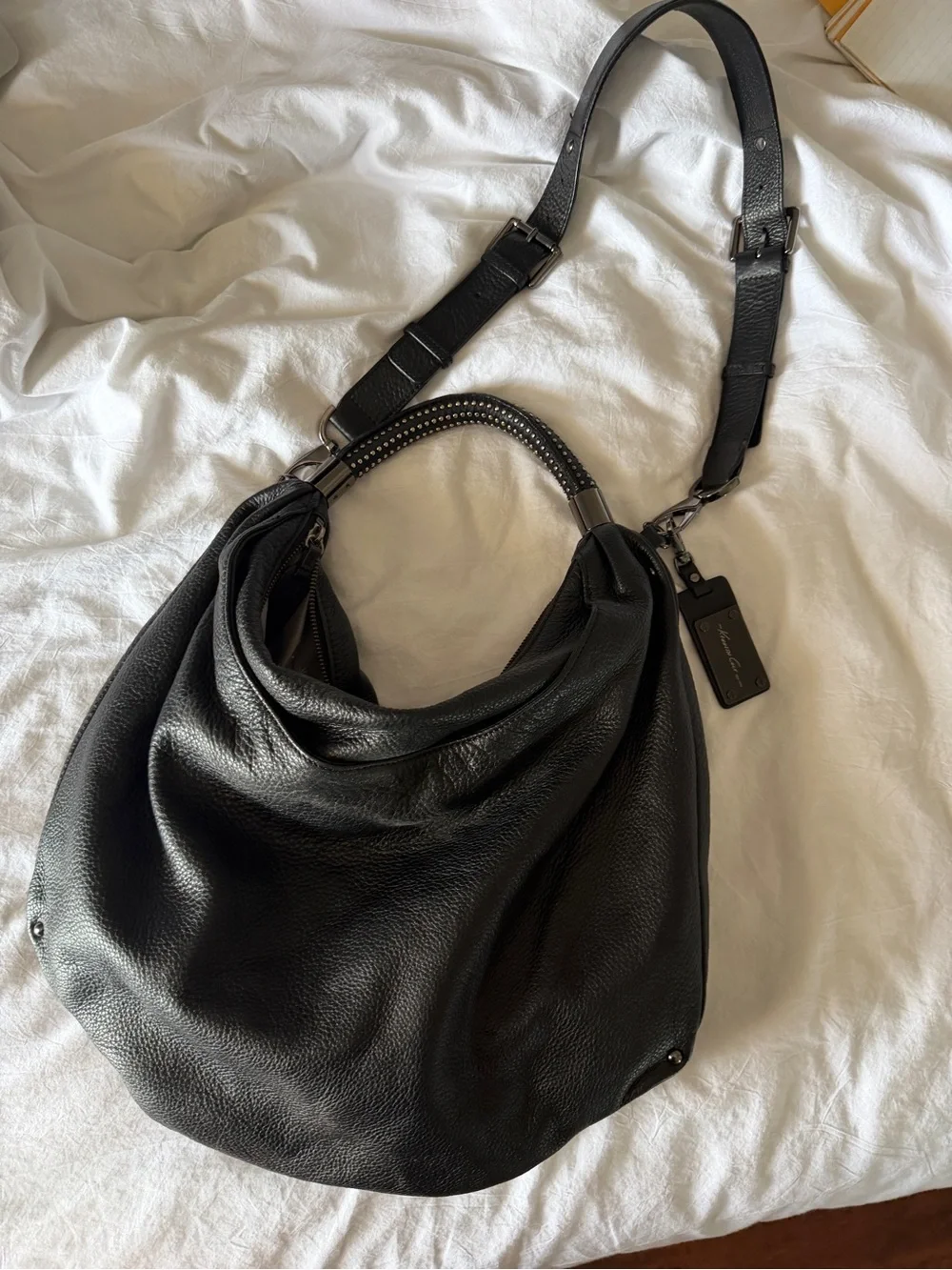 Kenneth Cole Black Pebbled Leather Hobo Bag crossbody shoulder adjustable